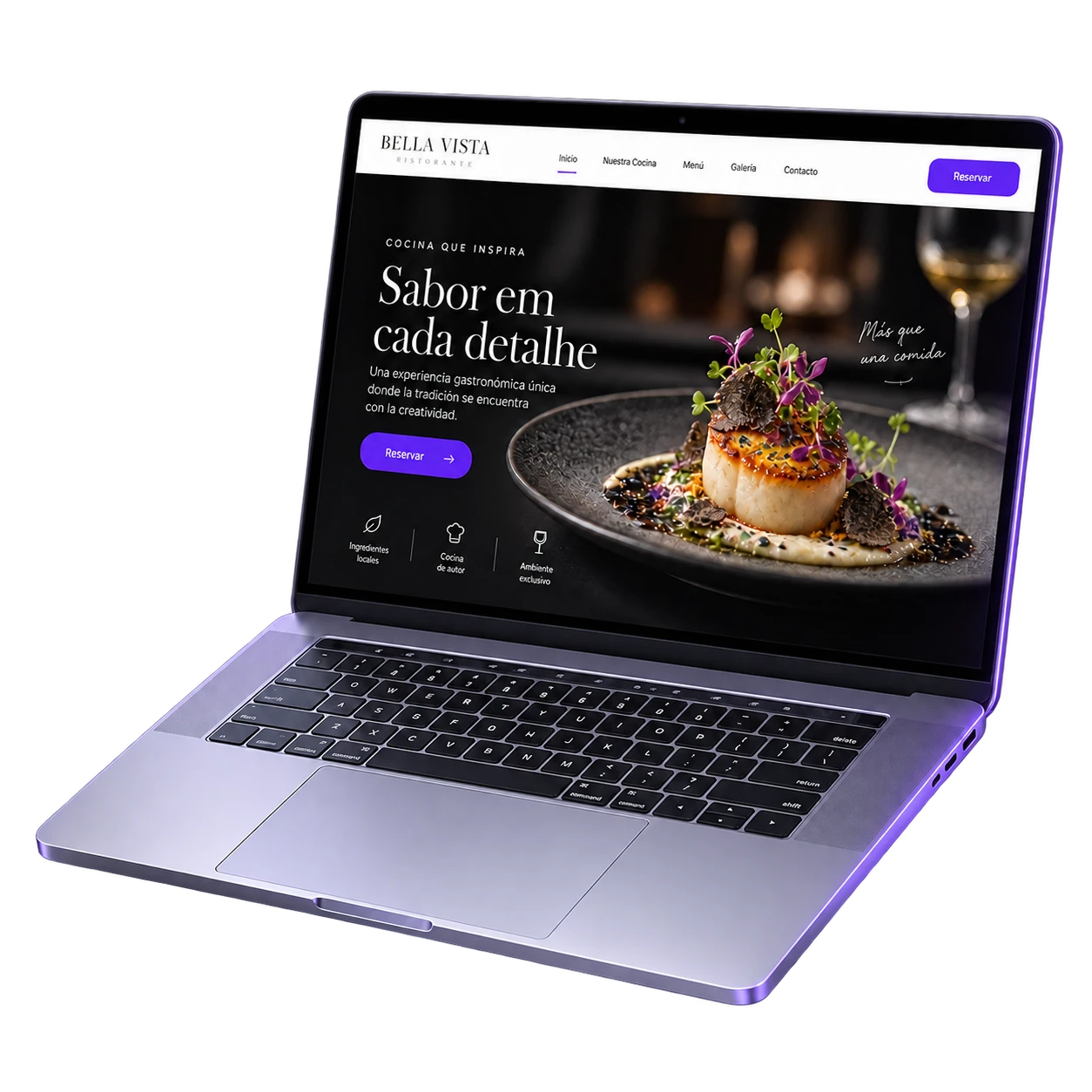 Notebook exibindo um site de restaurante criado na Prospectfy, com foto do prato, menu de navegação e botão de reserva