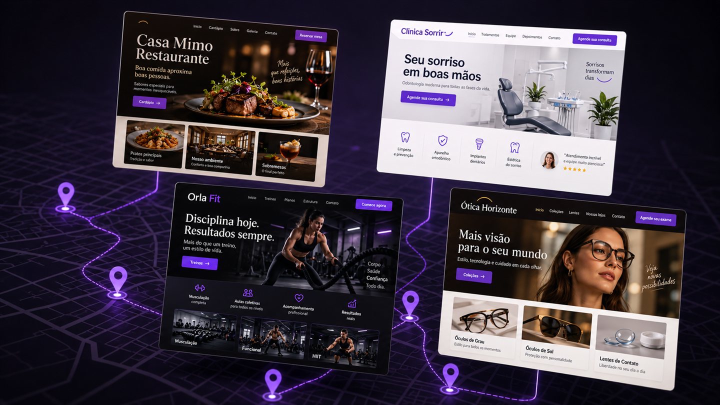Quatro sites de negócios locais criados para restaurante, clínica, academia e ótica