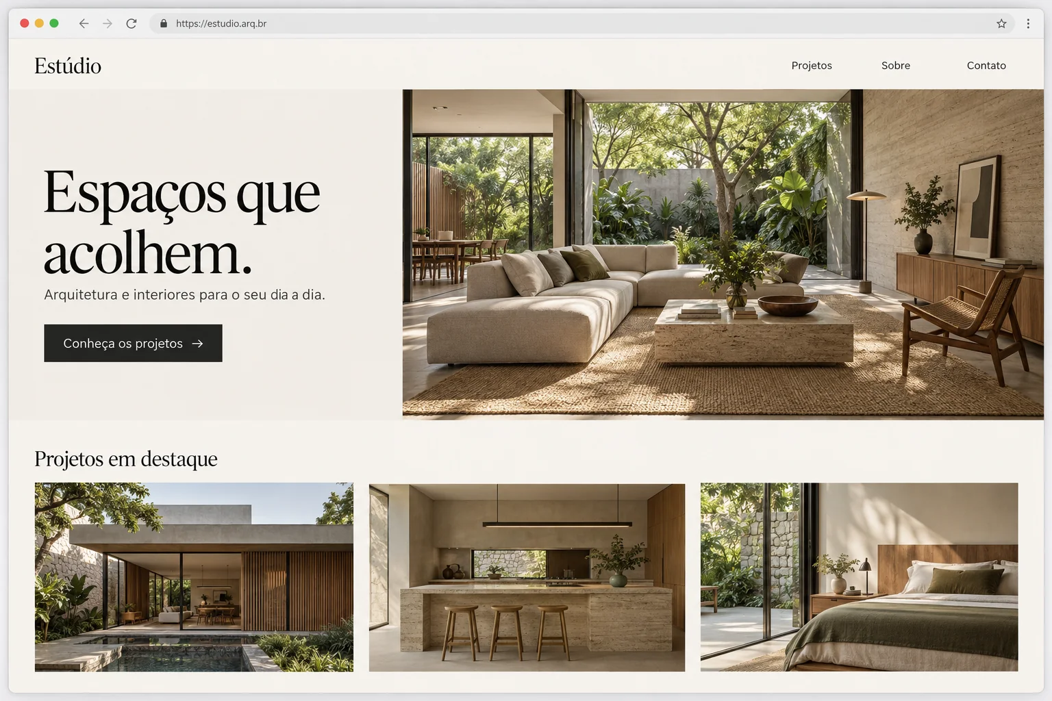 Exemplo ilustrativo de um site de arquitetura, com sala iluminada, apresentação do estúdio e galeria de projetos