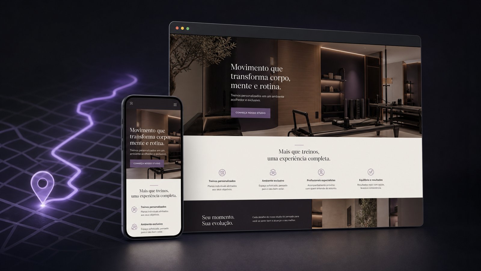 Demonstração de um site responsivo para um negócio local em telas desktop e mobile